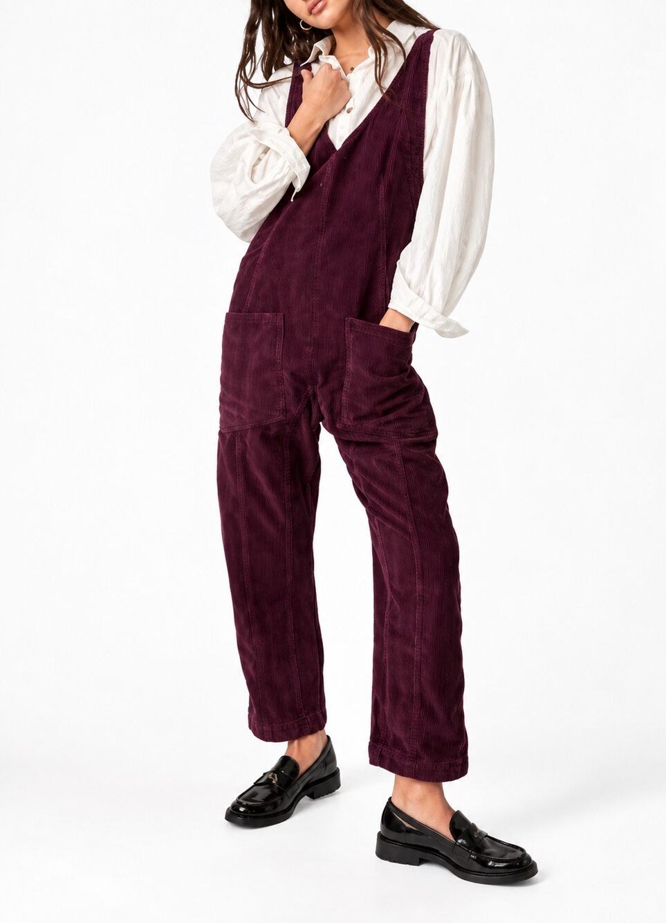 Free People We The Free High Roller Corduroy Jumpsuit Italian Plum Size Medium